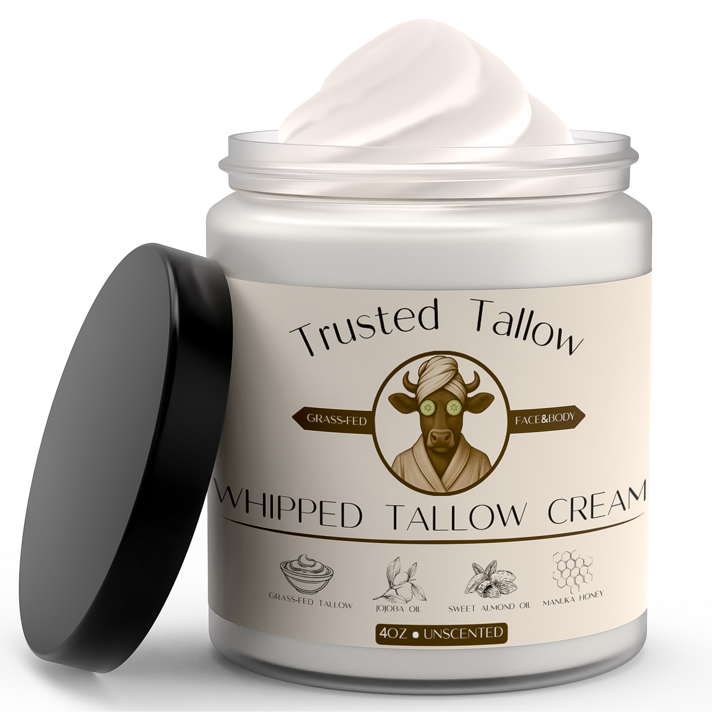 Trusted Tallow Whipped Organic Grass Fed Beef Tallow Cream for Skin - Face & Body - 4 OZ (Unscented) - All Natural Moisturizer for Sensitive Skin