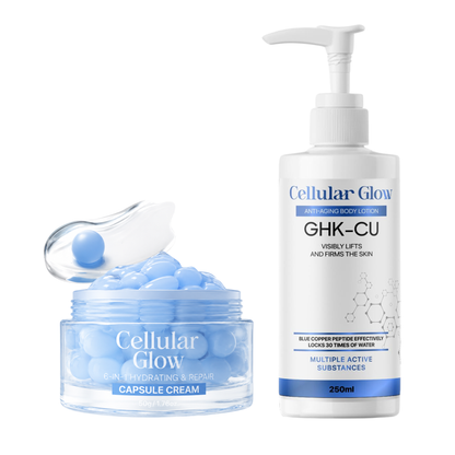 Cellular Glow Skin Care Bundle – Copper Peptide Body Lotion + 6-in-1 Capsule Cream for Face