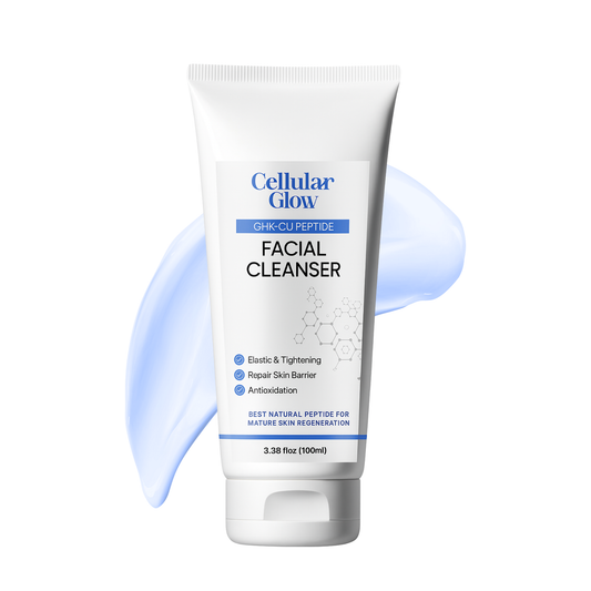 Facial cleanser tube with 'Cellular Glow' branding on a white background